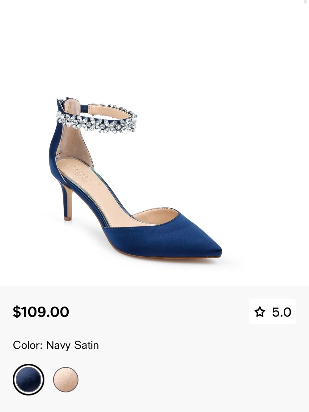 Jewel Badgley Mischka Raleigh Navy Blue Satin Crystal Ankle Strap Pumps Size 12